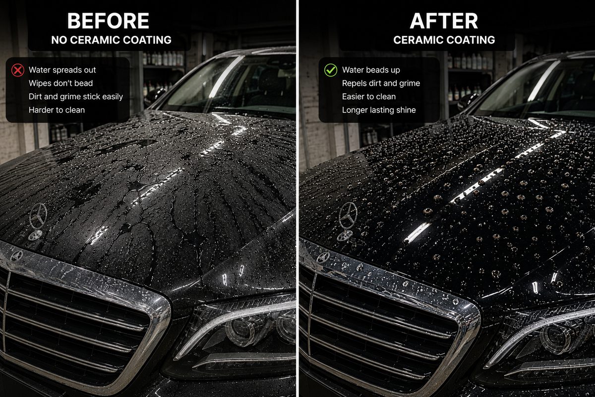 Comparison showing unprotected paint versus ceramic-coated paint